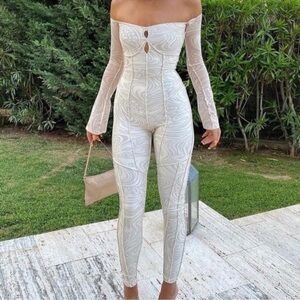Off-Shoulder Ivory Patterned Jumpsuit